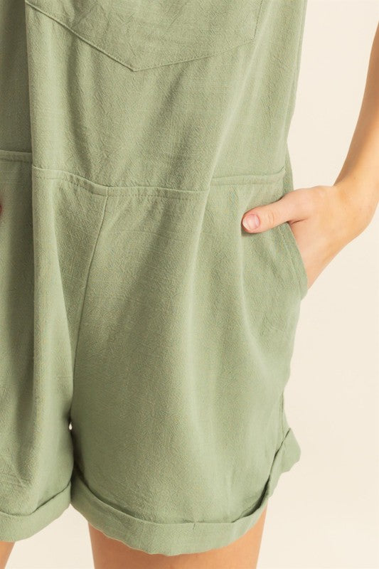 Rayon Linen Self Tie Straps Romper in Sage