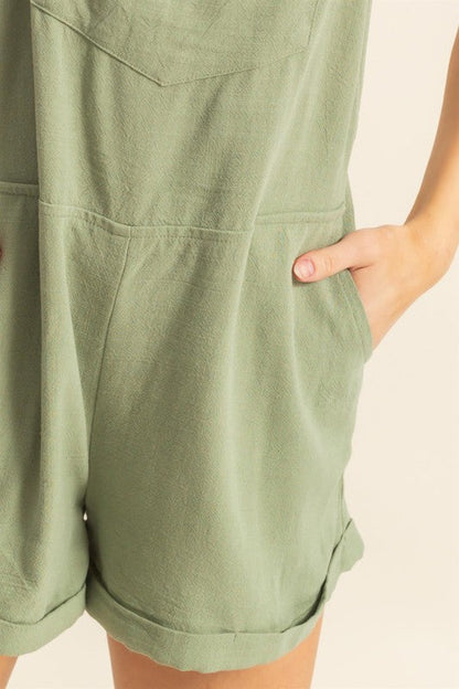 Rayon Linen Self Tie Straps Romper in Sage